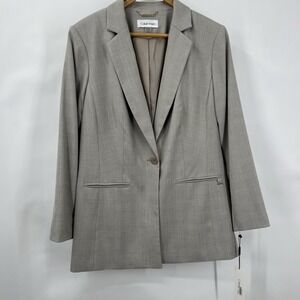 Calvin Klein Women's Blazer Jacket Single Button Gray Glen Plaid Print Size 16W‎